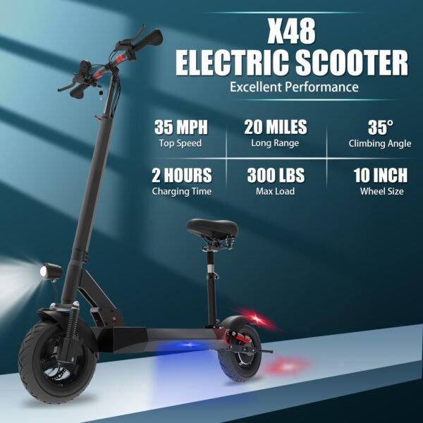 Kycyl X48 Electric Scooter Adults with Seat, 20 Miles Long Range, 35 MPH Max Speed Power by 1000W Motor, 10" Pneumatic Tires, 300 lbs Max Load, Foldable E Scooter for Commuting - Image 2